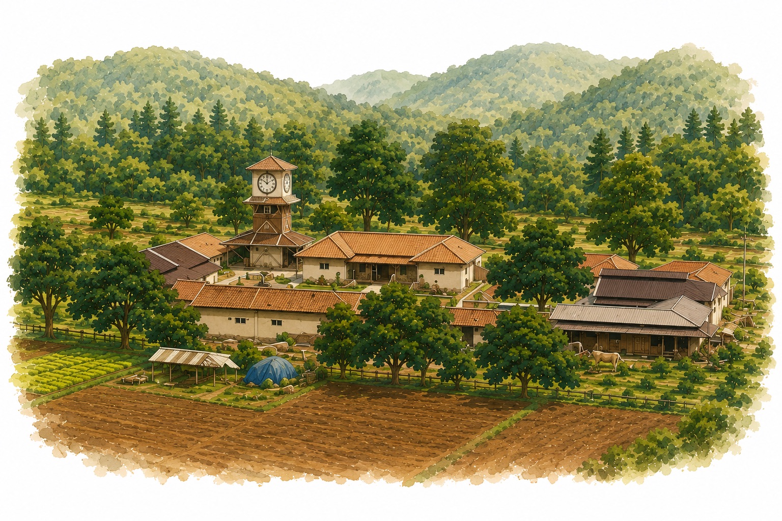 Illustrated view of the Satori Valley retreat and the hills beyond