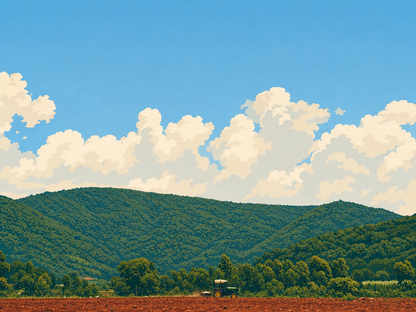 Illustration of ploughed fields beneath the valley hills