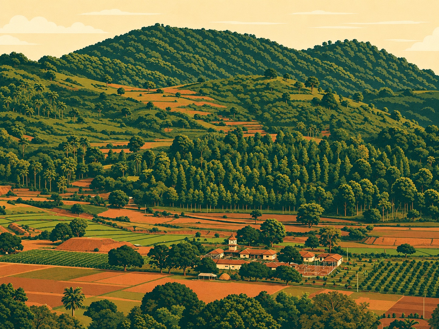 Illustration of the Satori Valley hills and village