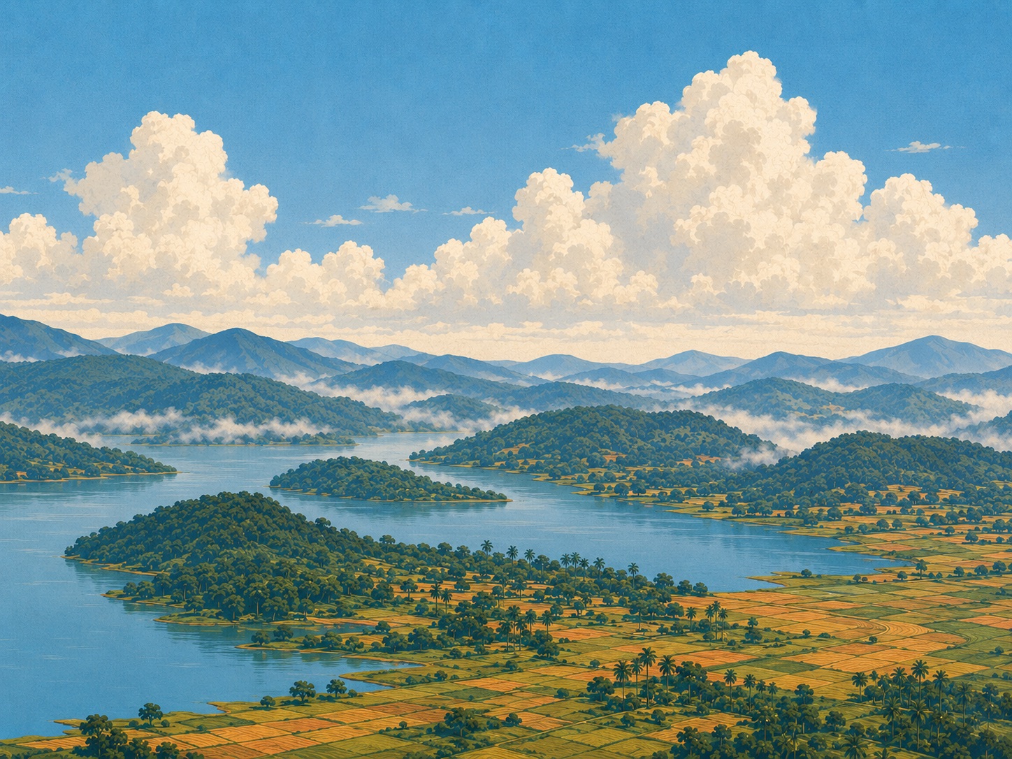 Illustration of the lake and misty hills of Satori Valley